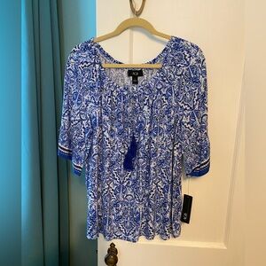AGB Blue and White Flutter Sleeve Blouse with Tie Front